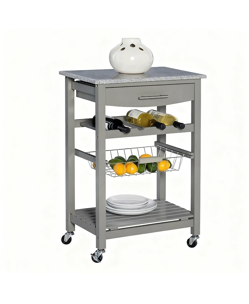 Yigii Granite top pine kitchen storage cart with casters and drawers