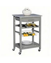 Yigii Granite top pine kitchen storage cart with casters and drawers
