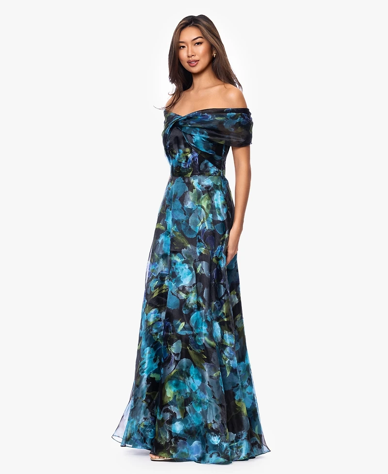 Betsy & Adam Petite Printed Off-The-Shoulder Ball Gown