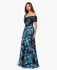 Betsy & Adam Petite Printed Off-The-Shoulder Ball Gown