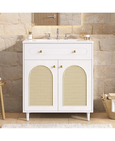 Sillysis 30 Inch Freestanding Bathroom Vanity with Sink, Solid Wood & Mdf Cabinet, Tip Drawer & Adjustable Shelf for Modern Storage