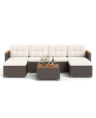 Gymax Set Of 7 Wicker Conversation Set w/ Seat and Back Cushions Wood Armrests and Tabletop