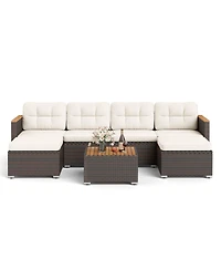 Gymax Set Of 7 Wicker Conversation Set w/ Seat and Back Cushions Wood Armrests and Tabletop