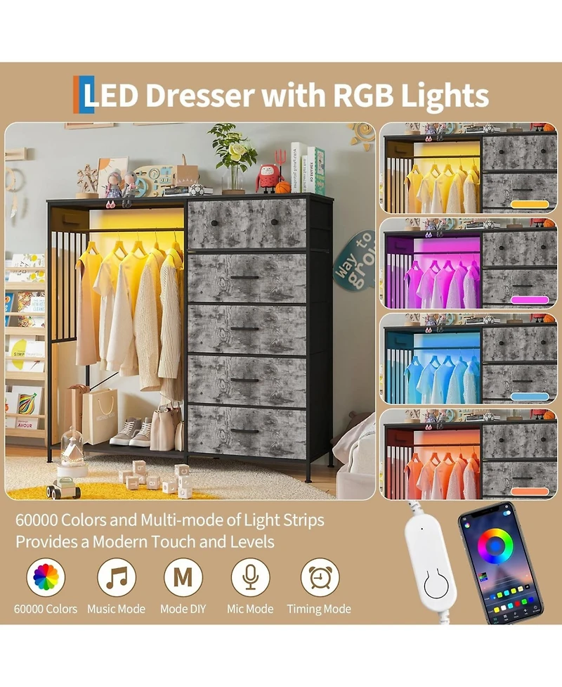 gaomon Dresser with Hanging Rack, Reversible 6 Drawers Dresser with Led Lights & Charging Station