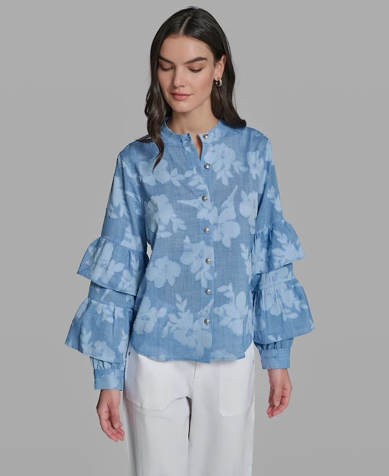 Karl Lagerfeld Paris Petite Printed Mock Neck Blouse