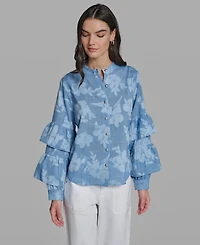 Karl Lagerfeld Paris Petite Printed Mock Neck Blouse