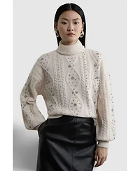 Karen Millen Women's Wool Blend Embellished Cable Knit Jumper