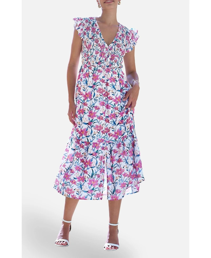 Yumi Women's Viscose Floral Ruched Waist Midi Dress