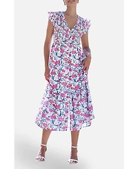 Yumi Women's Viscose Floral Ruched Waist Midi Dress