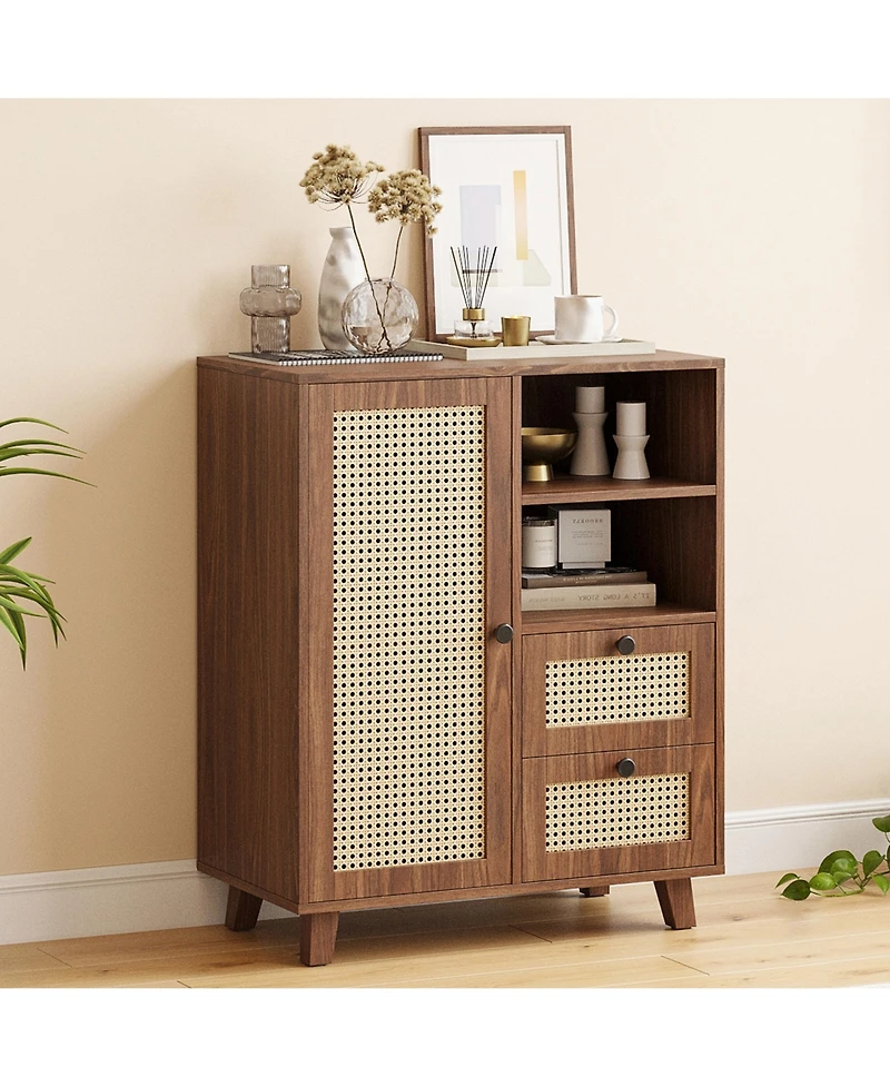 Rainsken Rattan Buffet Cabinet, Kitchen Sideboard with 2 Drawers for Living Room, Dining Room, Entryway (Walnut)