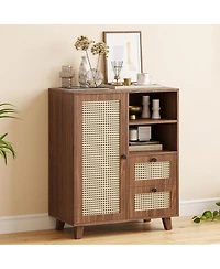 Rainsken Rattan Buffet Cabinet, Kitchen Sideboard with 2 Drawers for Living Room, Dining Room, Entryway (Walnut)