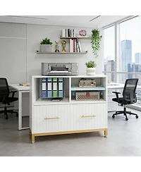 Rainsken File Storage Cabinet for Letter/Legal/A4 Size Files, Modern Wood Lateral File Cabinet with Drawer and 3 Open Storage Spaces for Home Office