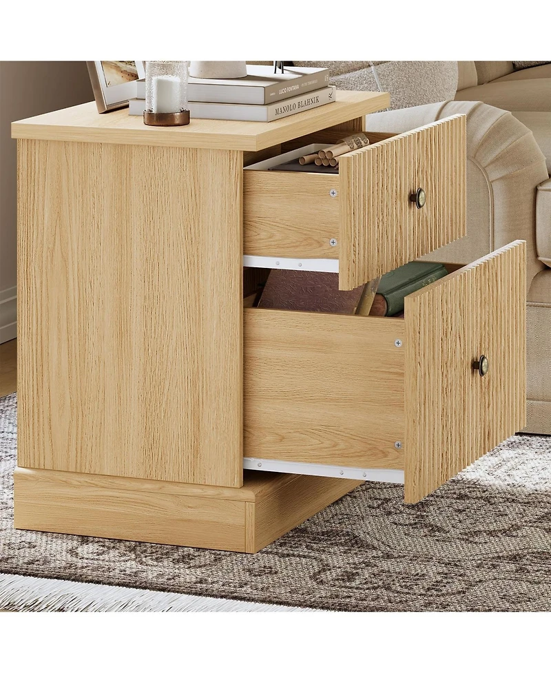 gaomon Fluted Nightstand with Drawers, Mid Century Modern Bedside Table, Light Wood Nightstand with Storage