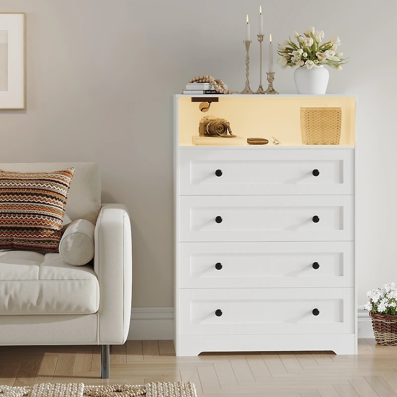 gaomon 4-Drawer Wooden Dresser with Led Lights & Charging Station, Modern Nightstand Chest for Bedroom