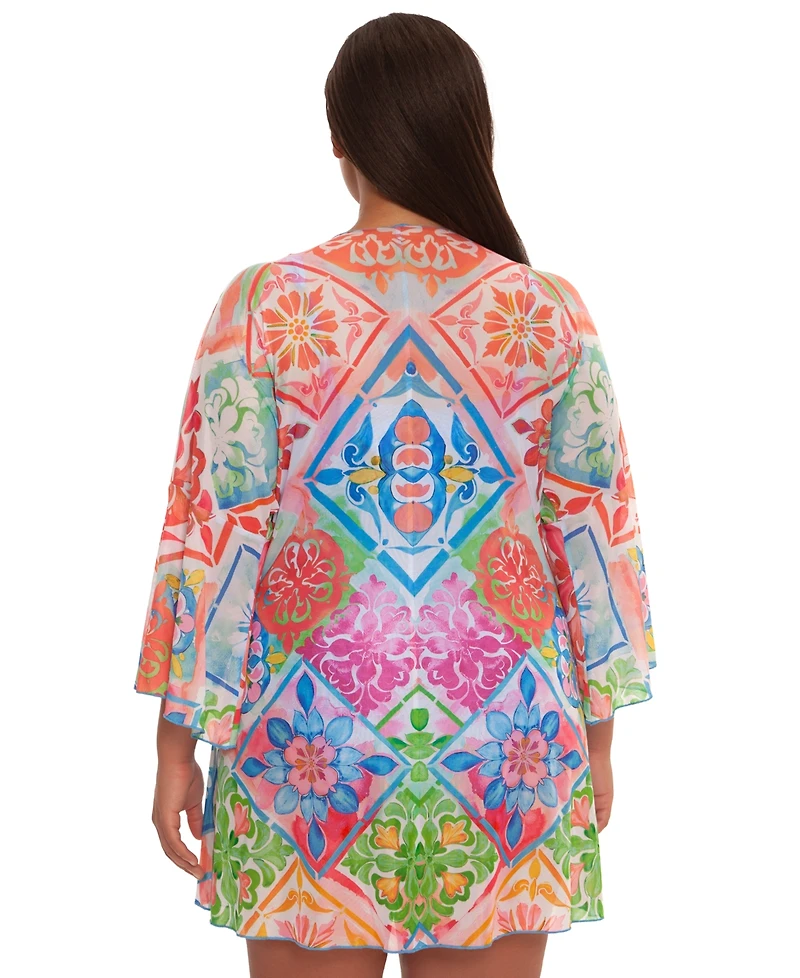 Becca Etc Plus Mijas Tie Front Stretch Mesh V-Neck Cover-Up Tunic