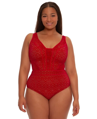 Becca Etc Plus Color Play Crochet Plunge One-Piece Swimsuit