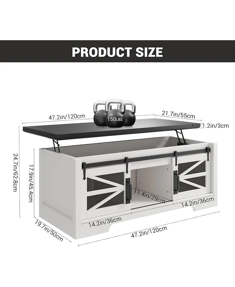gaomon Lift Top Coffee Table, Multifunctional Table with Sliding Barn Door, Hidden Storage Compartment, Lifting Tabletop, Adjustable Shelf