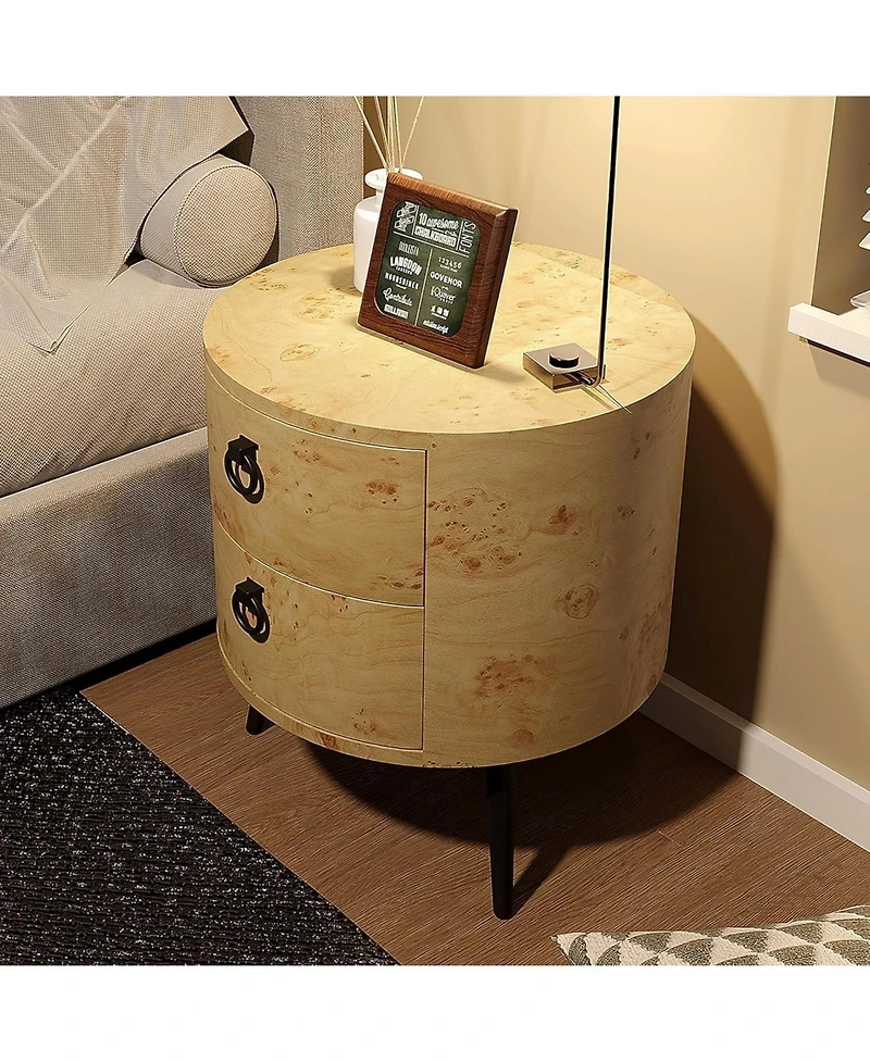 gaomon Modern Round Wood-Grain Side Table with 2 Drawers and Metal Legs
