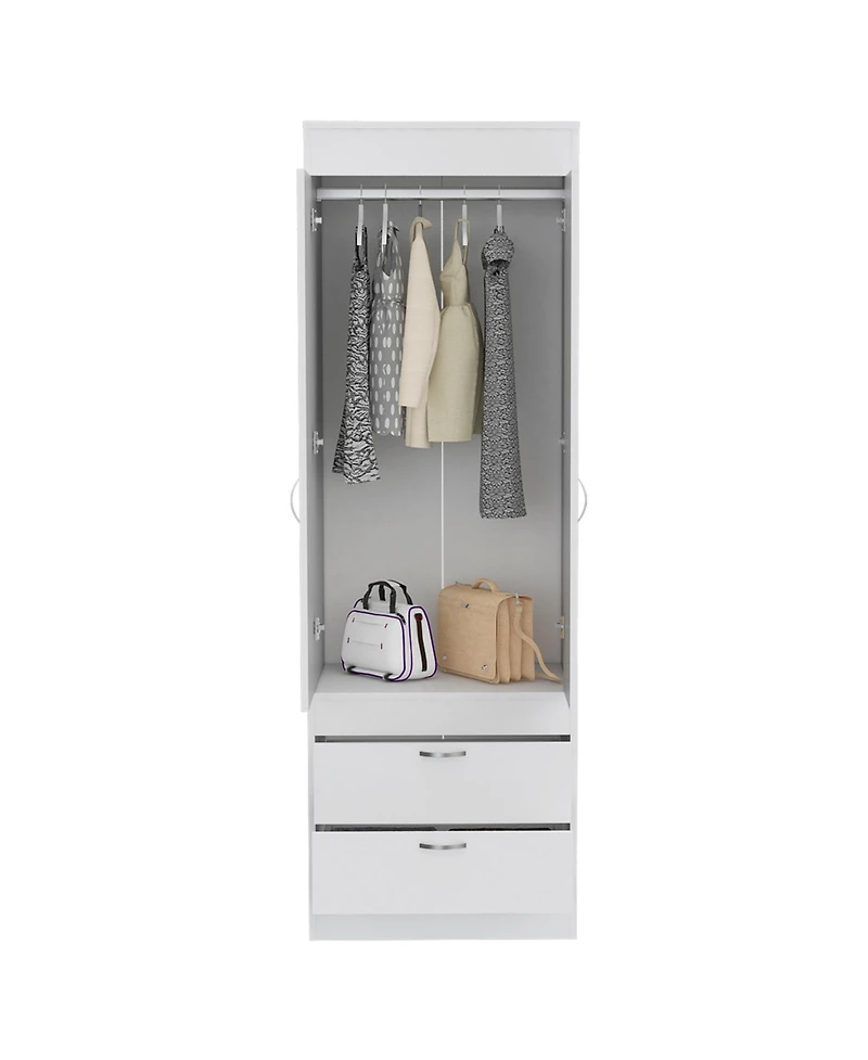 Flynama Lisboa Armoire with Hanging Rod, Double Doors, Two Spacious Drawers and Metal Handles for Bedroom Storage