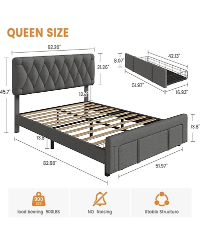 gaomon Queen Upholstered Platform Bed Frame with Storage Drawers Solid Wood Slats No Box Spring Needed