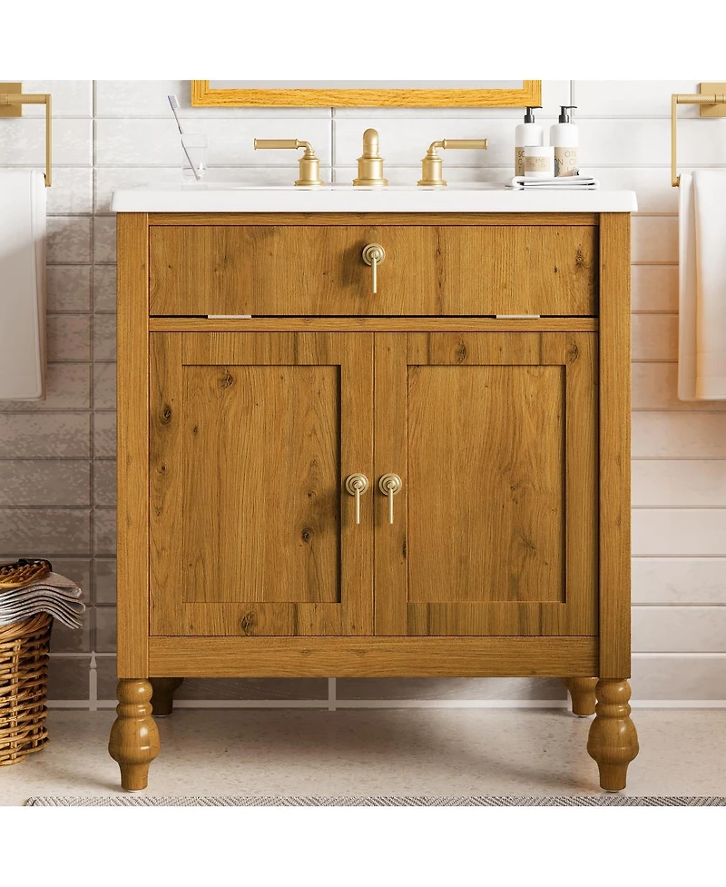 Sillysis 30 Inch Freestanding Bathroom Vanity with Seashell Resin Sink, Flip-Up Organizer & Soft Close Storage for Modern Space