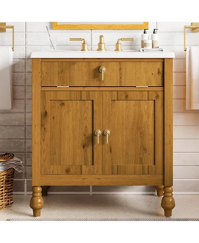 Sillysis 30 Inch Freestanding Bathroom Vanity with Seashell Resin Sink, Flip-Up Organizer & Soft Close Storage for Modern Space