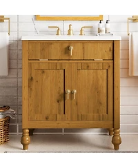 Sillysis 30 Inch Freestanding Bathroom Vanity with Seashell Resin Sink, Flip-Up Organizer & Soft Close Storage for Modern Space