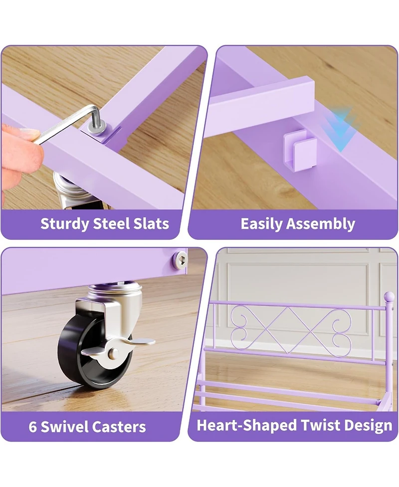 gaomon Kids Daybed with Trundle, Purple, Heart Metal Headboard, Steel Slats, Easy Assembly