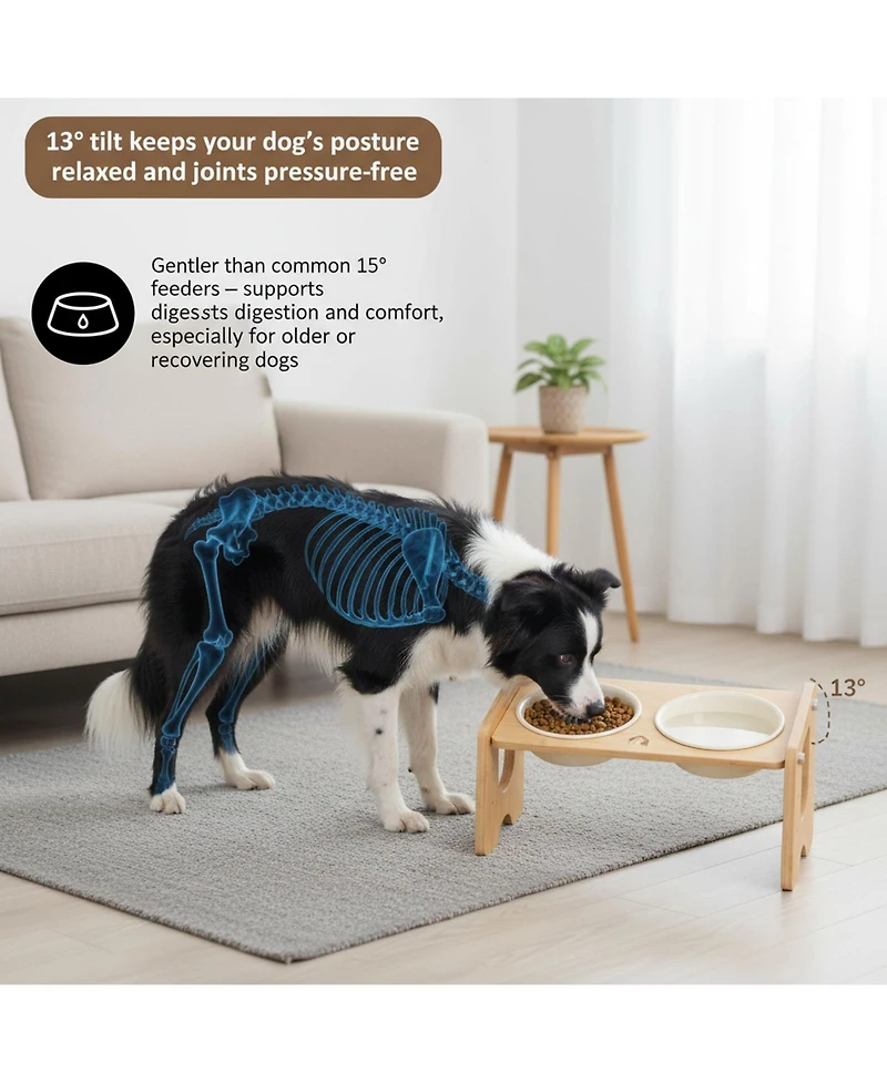 Aronkl Ceramic Dog Bowl with Stand Adjustable 3 Heights 13° Tilt 2×22 Oz Non-slip Bamboo Stand