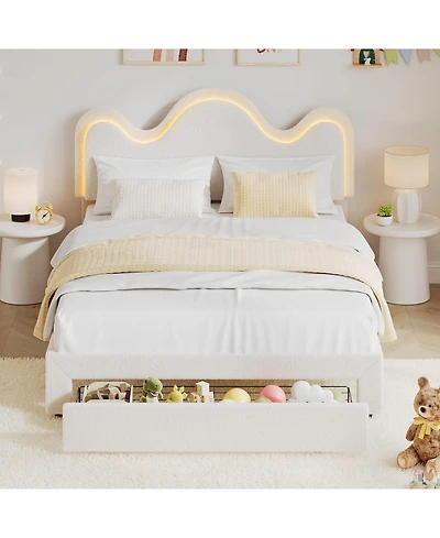 gaomon Queen Bed Frame Adjustable Upholstered Headboard Storage Drawers Boucle Lamb Fleece Led Kids Bed Wood Slats