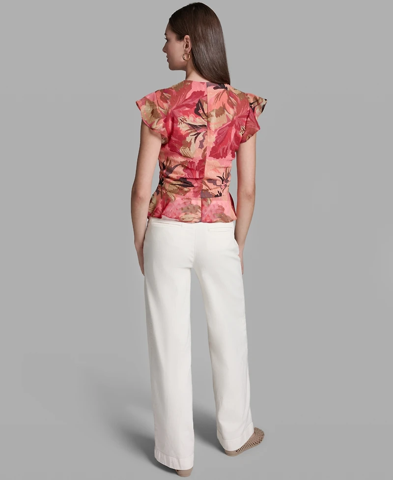Bcbg Women's Ruched Flutter-Sleeve Printed Top