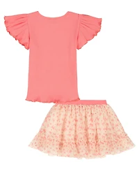 Kids Headquarters Girls' 2T-4T Flutter Sleeve Ribbed Top and Printed Tulle Skort, 2-Piece Set