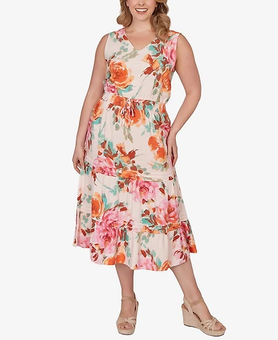 Ruby Rd. Plus Drawstring Waist Floral Linen Tiered Dress