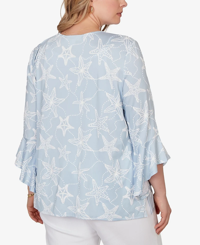 Ruby Rd. Plus Size Starfish Puff Print Flutter Sleeve Top