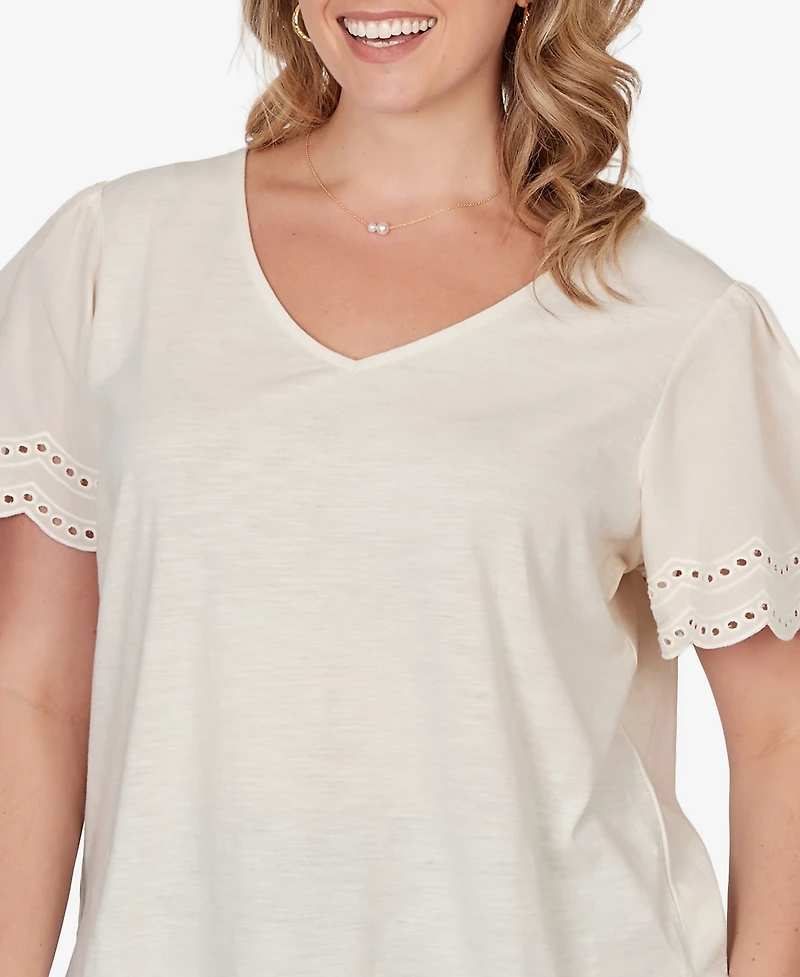 Ruby Rd. Plus Eyelet Poplin Sleeve Slub Knit Top