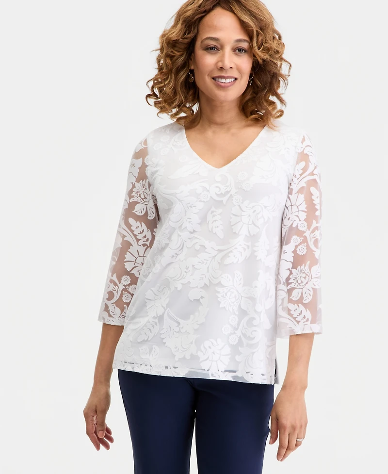Jm Collection Women's 3/4-Sleeve Allover Burnout V-Neck Top, Macy's Exclusive