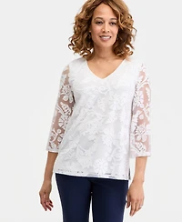 Jm Collection Women's 3/4-Sleeve Allover Burnout V-Neck Top, Macy's Exclusive