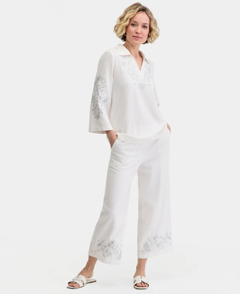 Jm Collection Women's Collared Embroidered Linen-Blend 3/4-Sleeve Top, Macy's Exclusive