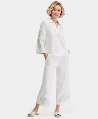 Jm Collection Women's Collared Embroidered Linen-Blend 3/4-Sleeve Top, Macy's Exclusive