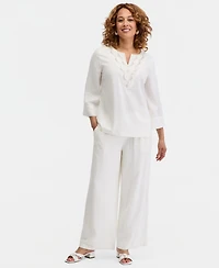 Jm Collection Women's Split-Neck Beaded Linen-Blend 3/4-Sleeve Top, Macy's Exclusive