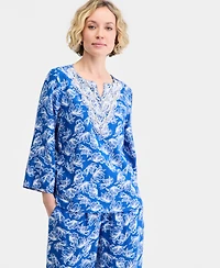 Jm Collection Women's Split-Neck Beaded Linen-Blend 3/4-Sleeve Top, Macy's Exclusive
