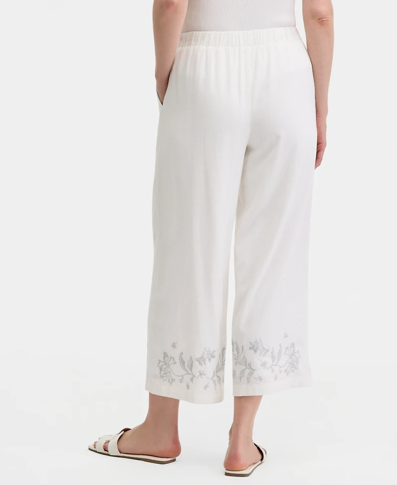 Jm Collection Women's High-Rise Embroidered Linen-Blend Cropped Pants, Macy's Exclusive