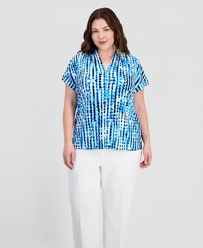 Kasper Plus Printed V-Neck Short-Sleeve Blouse