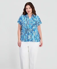 Kasper Plus Printed V-Neck Short-Sleeve Blouse