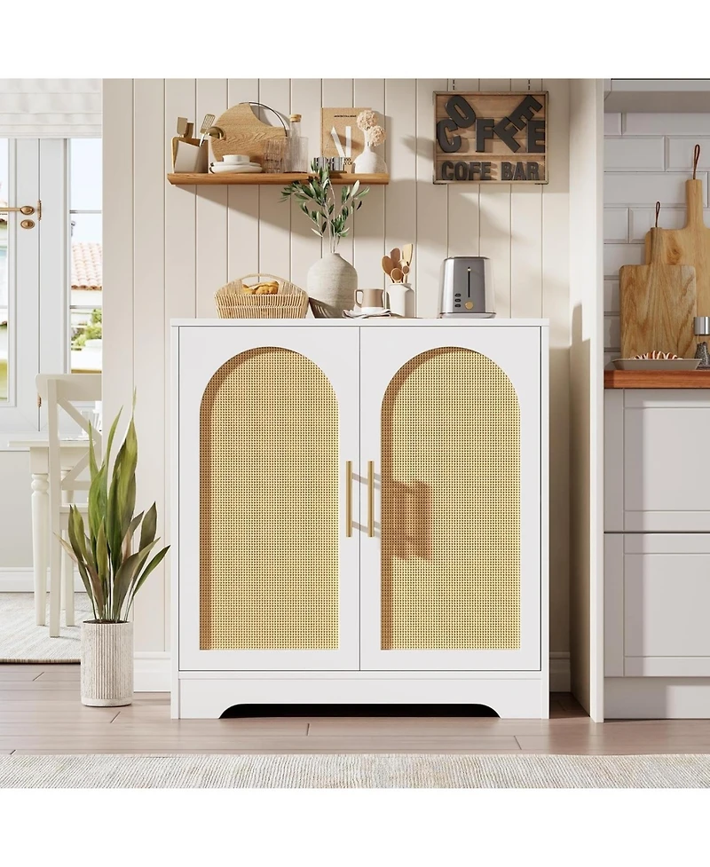 gaomon Modern Console Table Storage with 2 Rattan Doors and Shelves