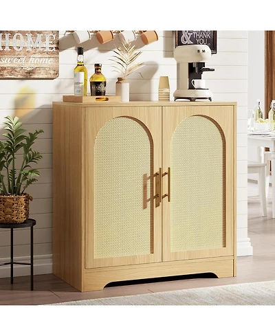 gaomon Modern Console Table Storage with 2 Rattan Doors Shelves