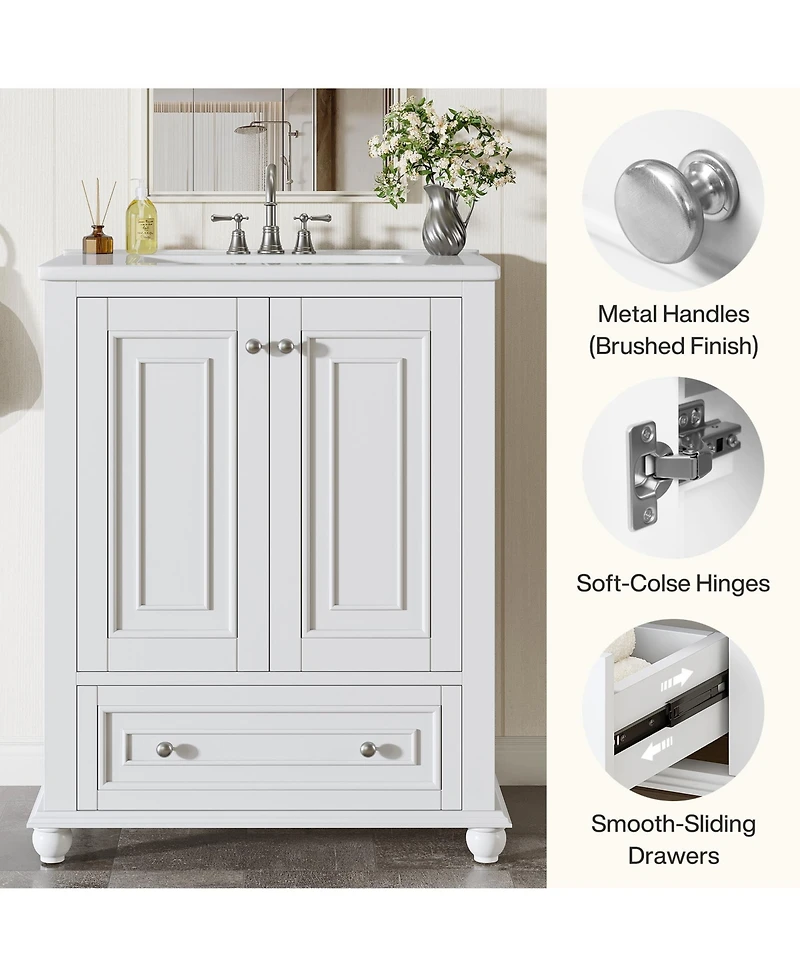 Tribesigns 24" Modern Freestanding Solid Wood Bathroom Vanity with Ceramic Sink, Adjustable Shelf Storage, Soft-Close Cabinet & Drawer