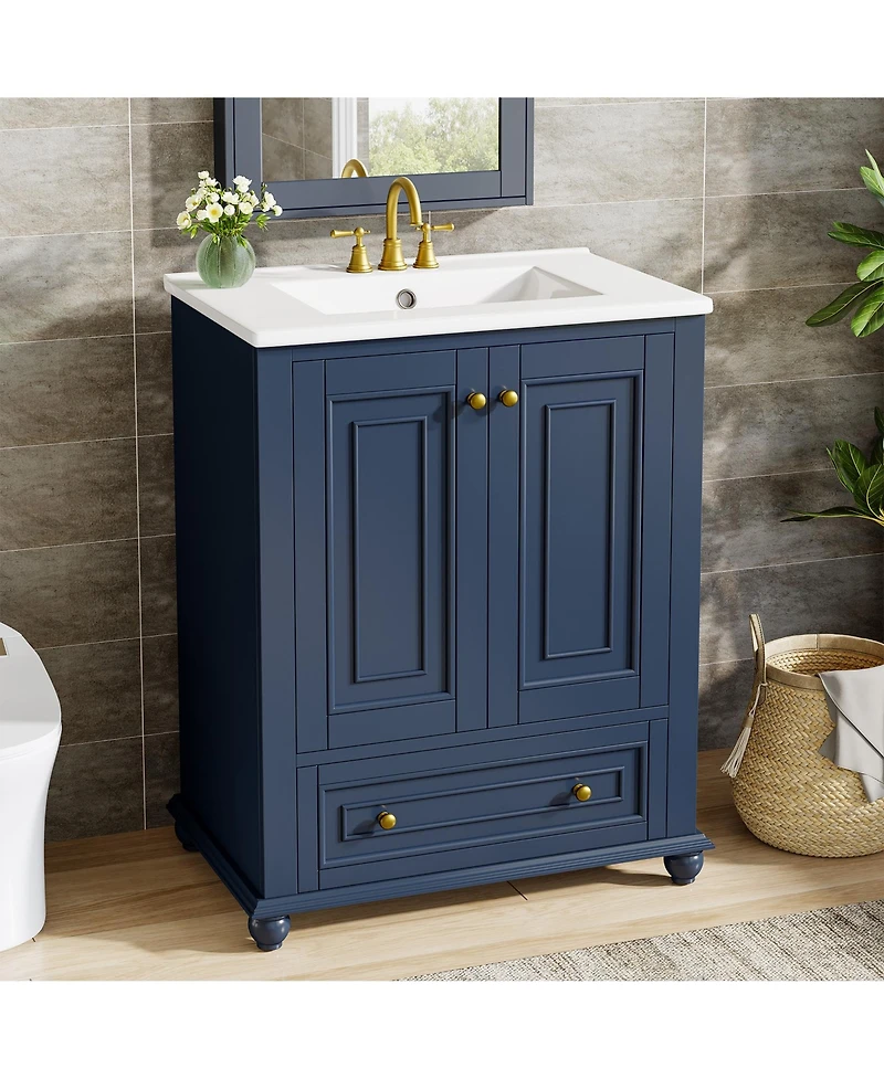 Tribesigns 24" Modern Freestanding Solid Wood Bathroom Vanity with Ceramic Sink, Adjustable Shelf Storage, Soft-Close Cabinet & Drawer