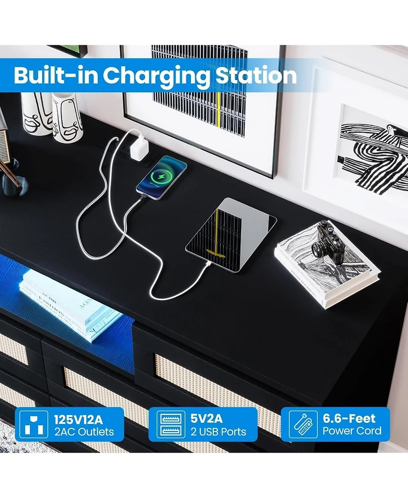 gaomon 6-Drawer Rattan Dresser with Led & Charging Ports, Farmhouse