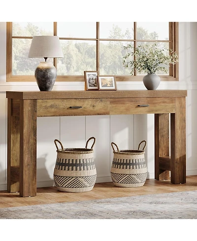 Tribesigns 63" Console Table with 2 Drawers, Farmhouse Entryway Table with H-Shaped Sturdy Legs